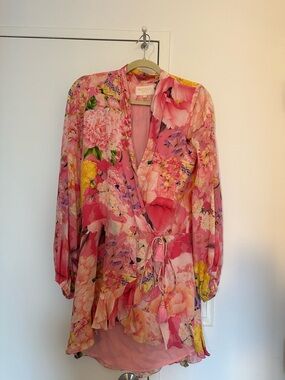 Rococo Sand Pink Floral Wrap Chiffon Tunic with Tie